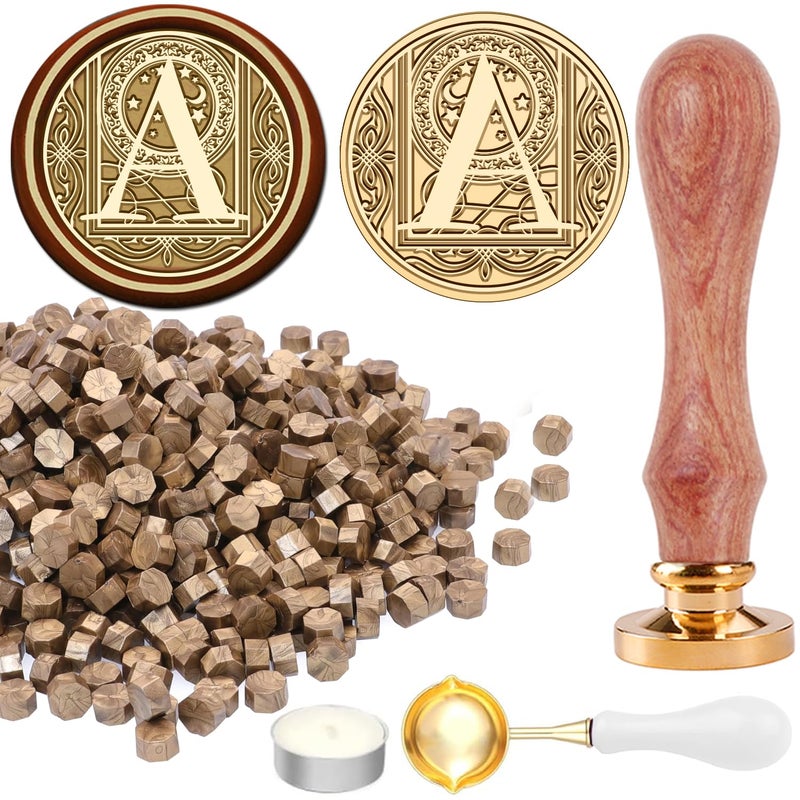 STAMPMASTER Alphabet A Wax Seal Kit Vintage Starry Initial A Sealing Stamp with 120 Antique Gold Wax Seal Beads for Wedding Christmas Envelopes - Image 1